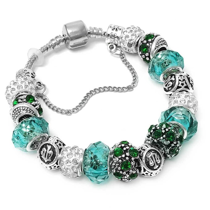 Bratara zodia suflata cu argint cu strasuri montate in charmuri, inox solid de calitate verde 19