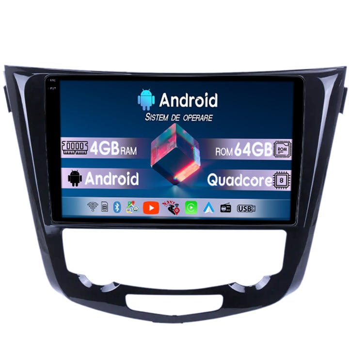 Navigatie dedicata Nissan Qashqai X-trail 2013, 4GB RAM 64GB ROM, Quad Core, Display 9" QLED 1K, Carplay, Android 14, Bluetooth, Magazin Play, Suport Camere AHD