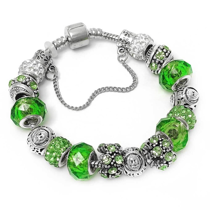 Bratara zodia suflata cu argint cu strasuri montate in charmuri, inox solid de calitate verde 19
