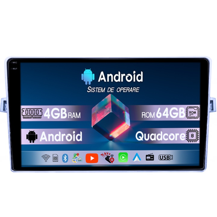 Navigatie dedicata Toyota Verso 2009-2018, 4GB RAM 64GB ROM, Quad Core, Display 9" QLED 1K, Carplay, Android 14, Bluetooth, Magazin Play, Suport Camere AHD