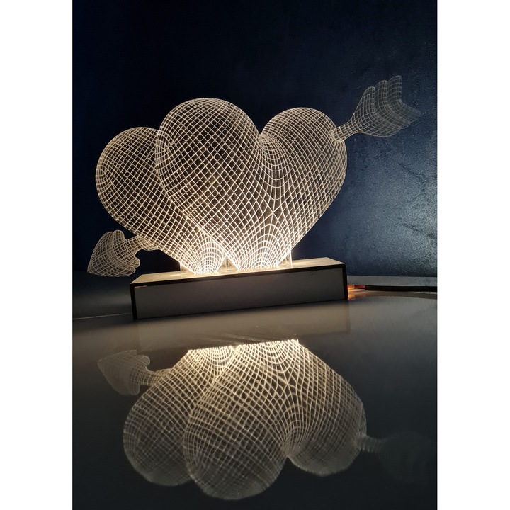 Lampa veghe 3D INEDIT CRAFT inimi cu săgeată, plexiglass alb, 22x25x6cm