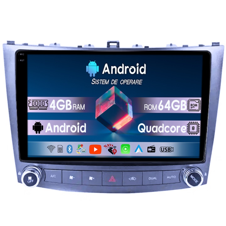 Navigatie dedicata Lexus IS250 2005-2013, 4GB RAM 64GB ROM, Quad Core, Display 9" QLED 1K, Carplay&Android Auto, Android 14, Suport Camere AHD