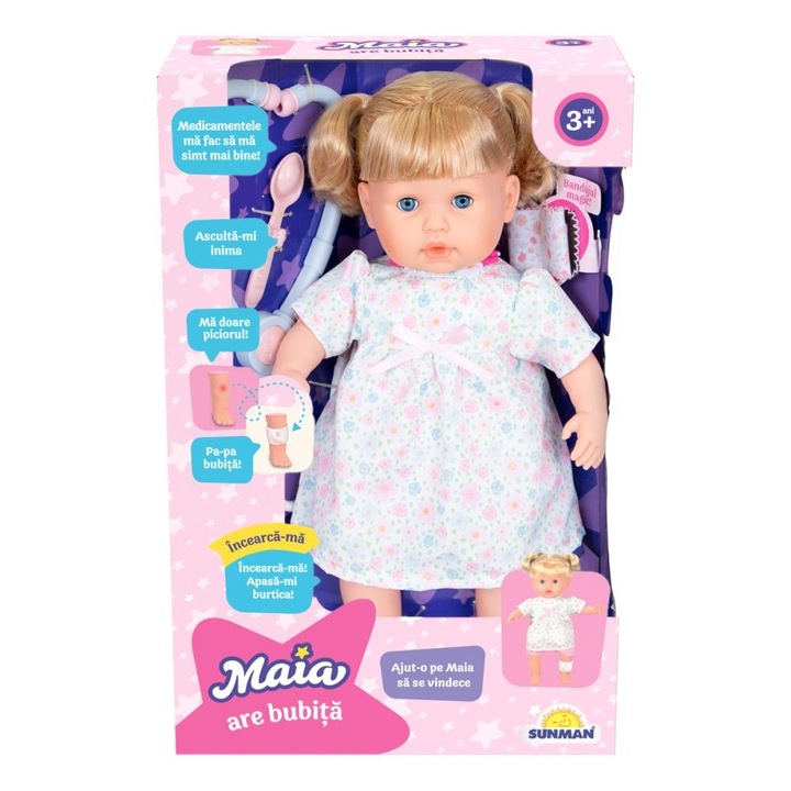 Interaktív játékszett orvosi kiegészítőkkel, Maia babának fáj a hasa