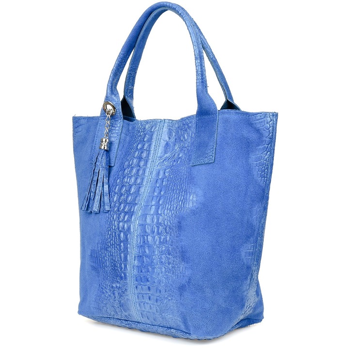 Дамска чанта тип торба, Vera Pelle, от естествена велурена кожа, сива, голяма, 32x43x15см