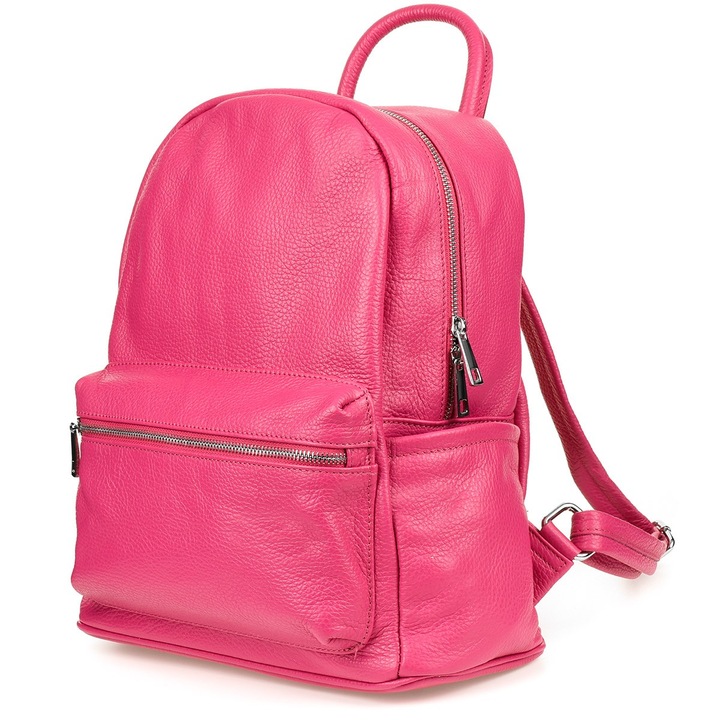 Голяма фуксия раница от естествена кожа, Vera Pelle, с дръжки и регулируеми презрамки, за формат А4