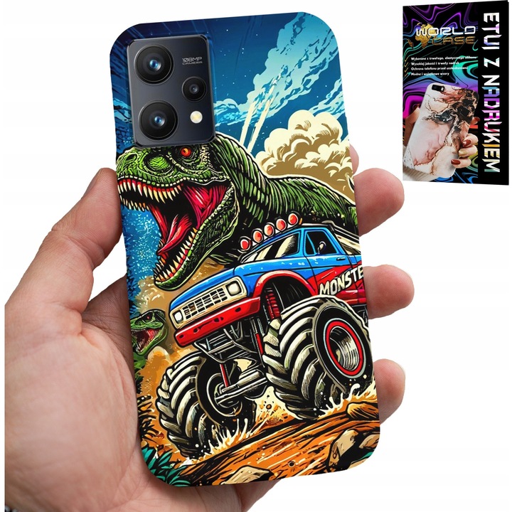 Tok Realme 9 5G-hez, World Case, dinoszaurusz monster truck mintával, szilikon, többszínű