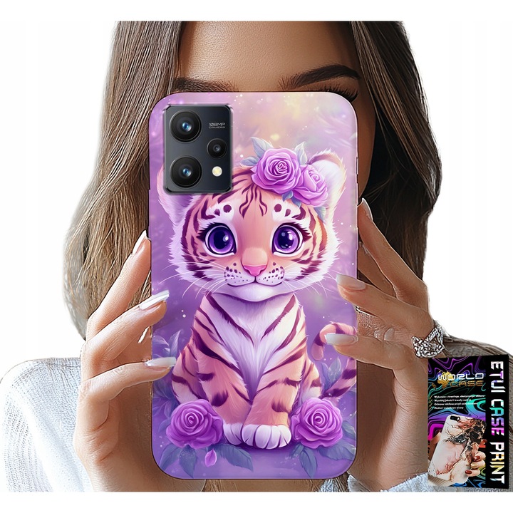 World Case telefontok Realme 9 5G-hez, tigris mintás rózsaszín alapon, szilikon