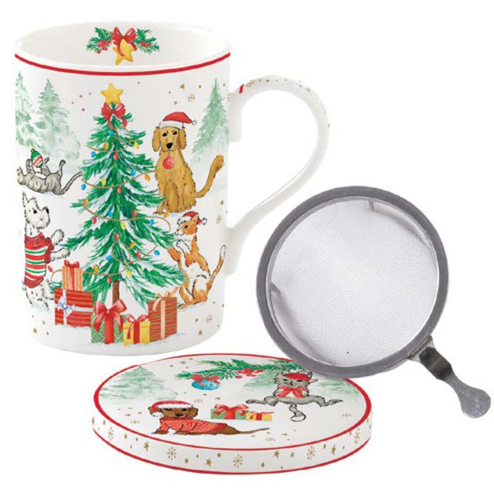 Cana de portelan cu capac si infuzor metalic Christmas Gang, 350 ml, Easy Life R0105CHGA