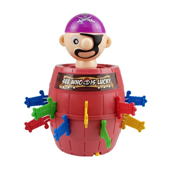 Интерактивна играчка Пират Скачач, Flippy, Групова/Семейна игра, 16 саби + 1 Пират, 10 x 10 x 16.5 см Лилав/Кафяв