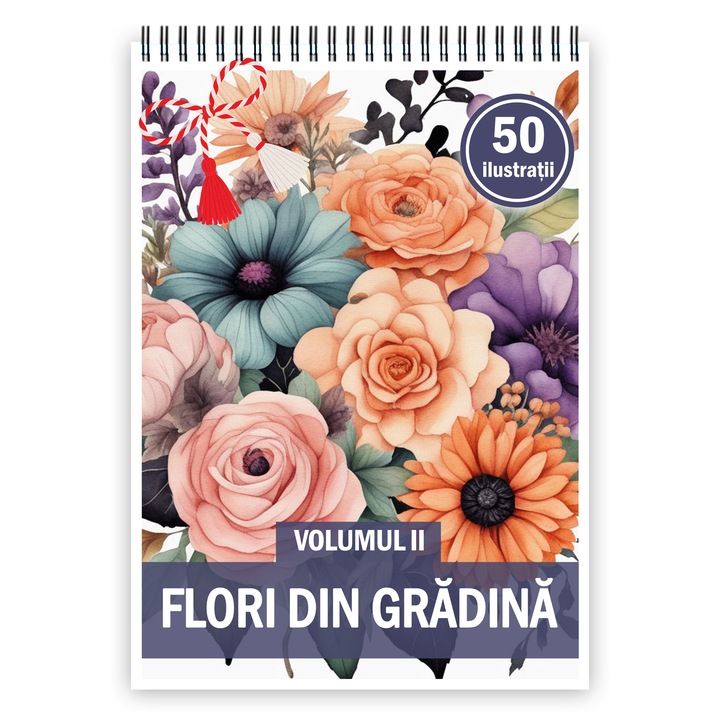 Martisor de colorat, 50 de ilustratii format A5, carte de colorat cu spira metalica, model: Flori din Gradina