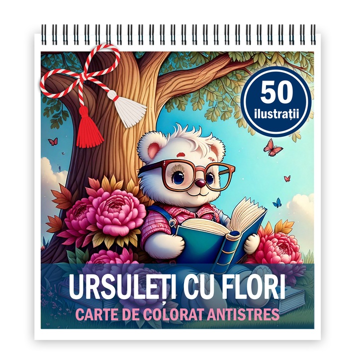 Martisor de colorat, 50 de ilustratii format A5, carte de colorat cu spira metalica, model: Ursuleti cu Flori