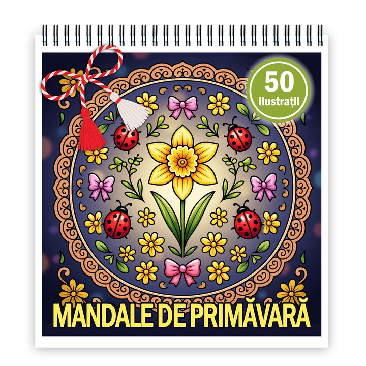 Martisor de colorat, 50 de ilustratii format A5, carte de colorat cu spira metalica, model: Mandale de Primavara