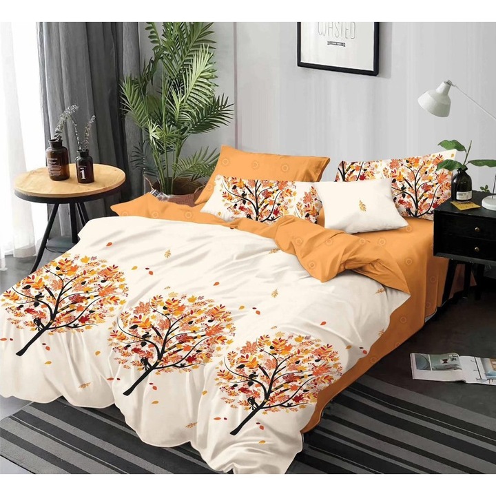 Set lenjerie de pat dublu, Nu necesita calcare, 6 piese, Bumbac Finet, Copaci de toamna