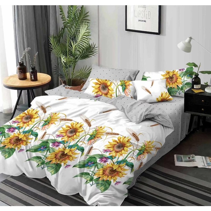 Set lenjerie de pat dublu, Nu necesita calcare, 6 piese, Bumbac Finet, Flori de floarea soarelui