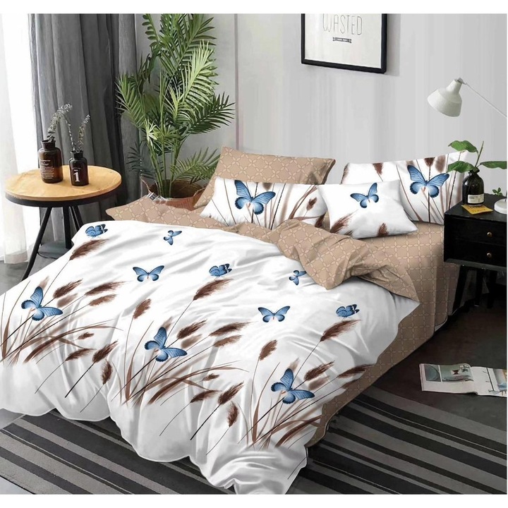 Set lenjerie de pat dublu, Nu necesita calcare, 6 piese, Bumbac Finet, Fluturi albstri in lanul de griu