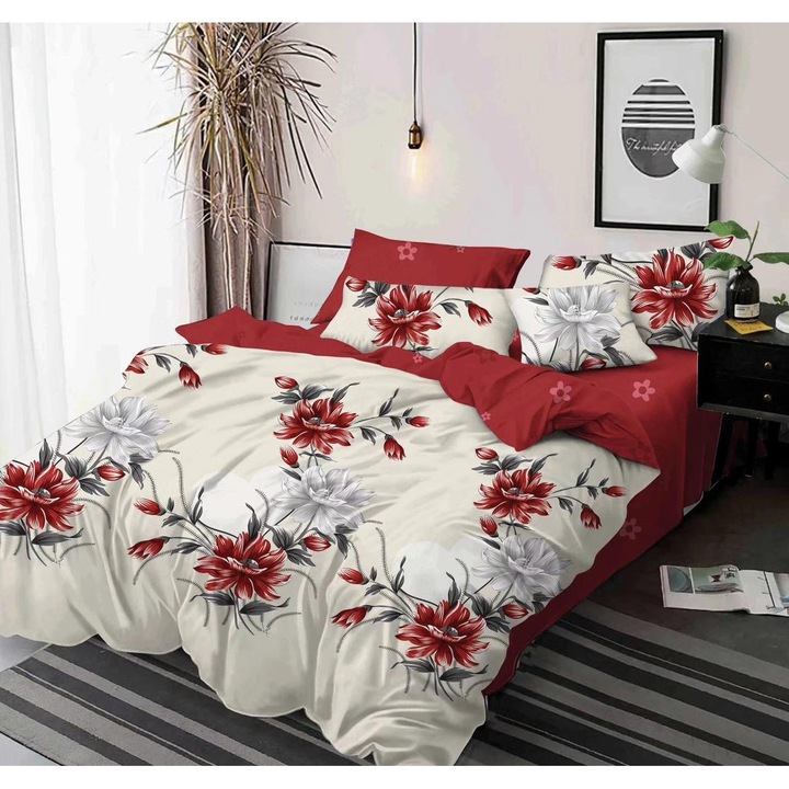 Set lenjerie de pat dublu, Nu necesita calcare, 6 piese, Bumbac Finet, Flori rosii design traditional
