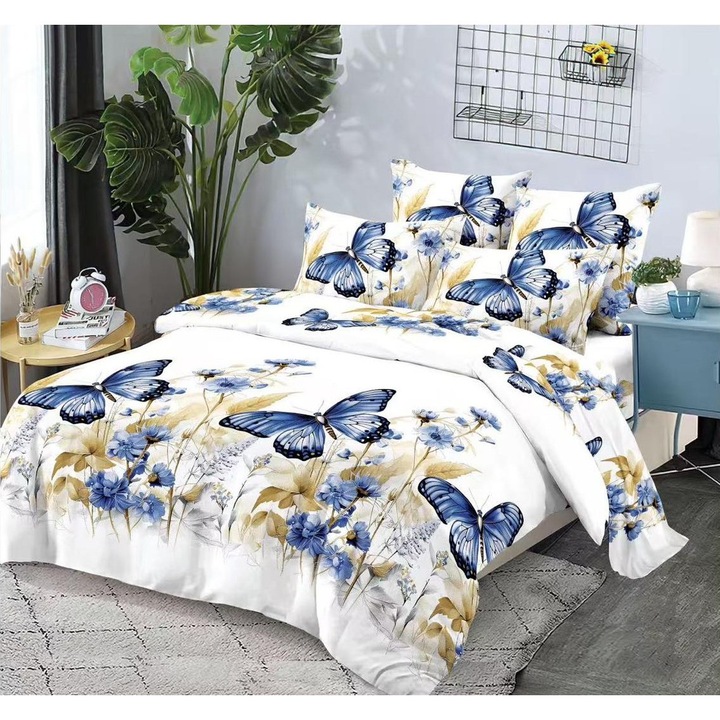Set lenjerie de pat dublu, Nu necesita calcare, 6 piese, Bumbac Finet, Camp de flori cu fluturi albastri