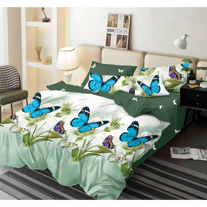 Set lenjerie de pat dublu, Nu necesita calcare, 6 piese, Bumbac Finet, Fluturi aqua blue