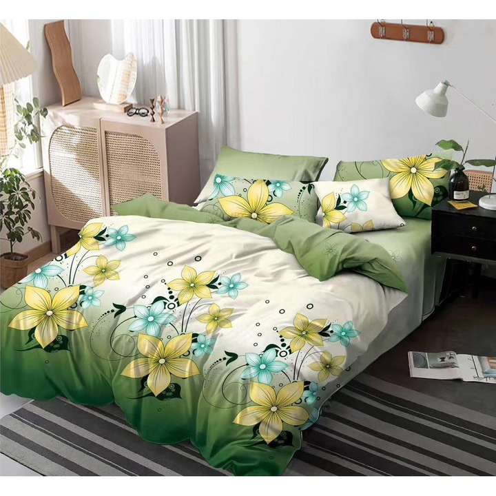 Set lenjerie de pat dublu, Nu necesita calcare, 6 piese, Verde cu fluturi galbeni cromati