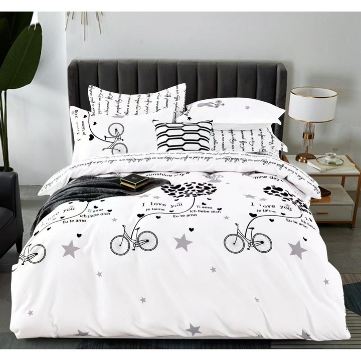 Set lenjerie de pat dublu, Nu necesita calcare, 6 piese, Biciclete