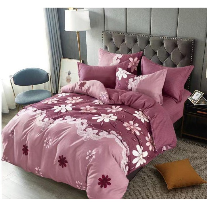 Set lenjerie de pat dublu, Nu necesita calcare, 6 piese, Flori albe pe fond mov
