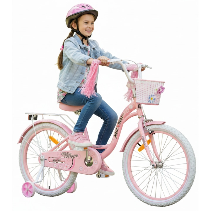 Детски велосипед MEXLLER Village 20 инча, пудрено розов, 1 скорост, включени помощни колела, 110x135см