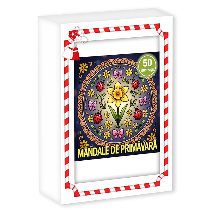 Martisor de colorat, 50 de ilustratii format A6 in cutie cu tematica de primavara, model: Mandale de Primavara