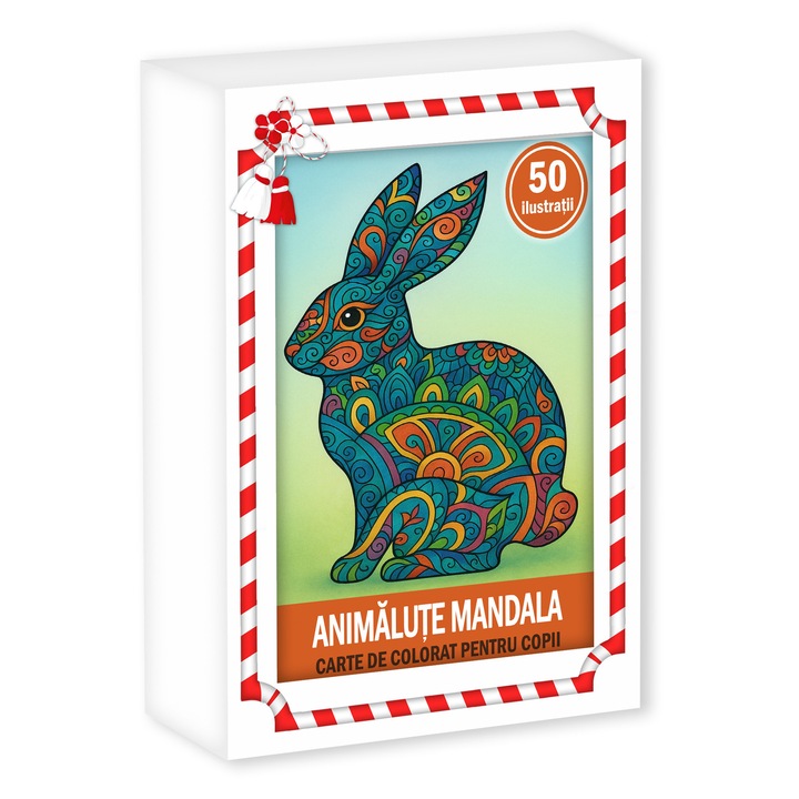 Martisor de colorat pentru copii, 50 de ilustratii format A6 in cutie cu tematica de primavara, model: Animalute Mandala