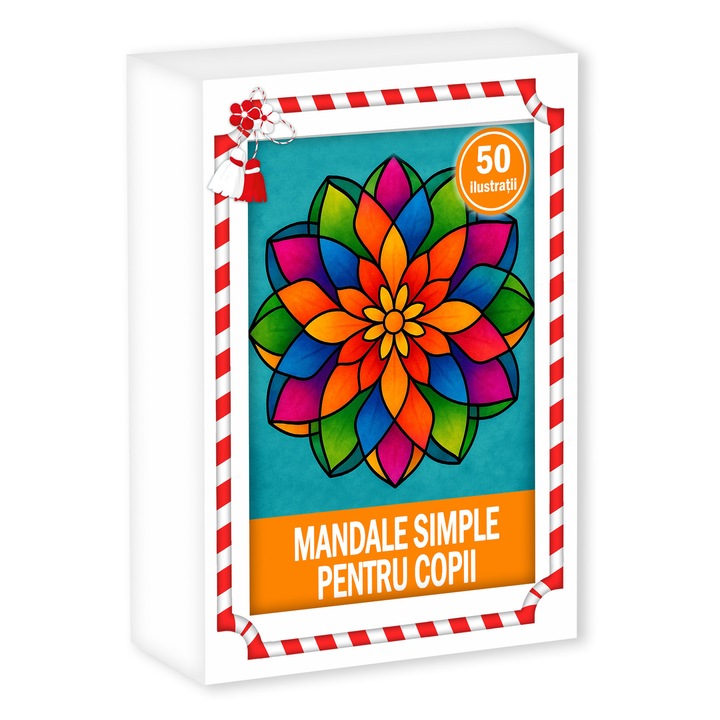 Martisor de colorat pentru copii, 50 de ilustratii format A6 in cutie cu tematica de primavara, model: Mandale simple pentru copii