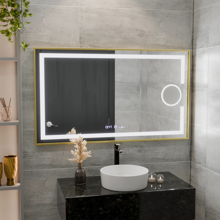 Oglinda LED Rectangulara, 120x80cm, Negru, Eclat MotionGlow Marcello, Sistem Dezaburire, Ceas & Termometru, Lupa Cosmetica, Dimabila, Rama Auriu Brushed