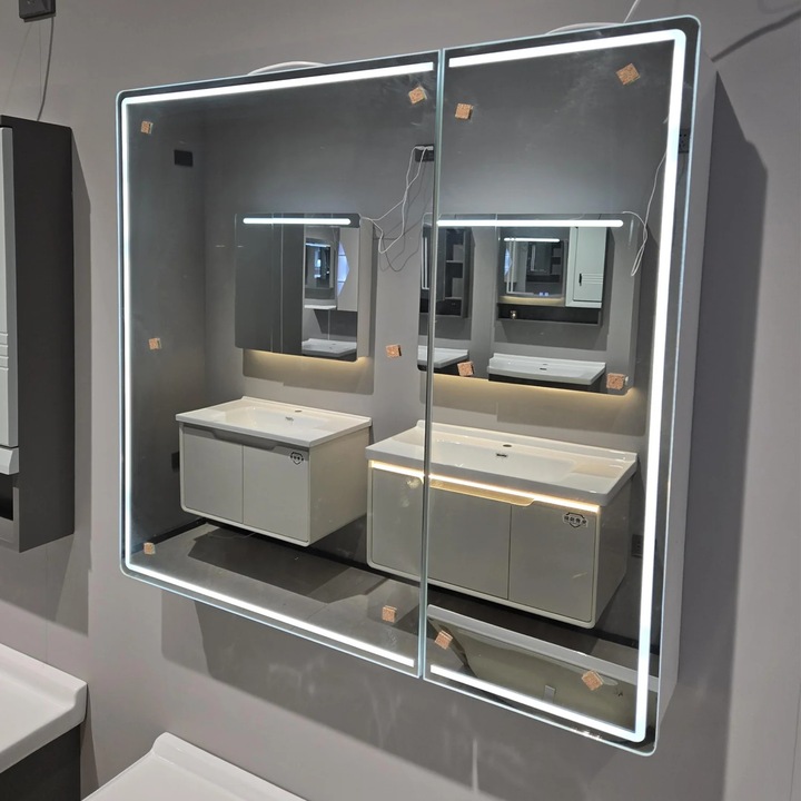 Oglinda LED cu Dulap LENTO 80x70 cm Gri Iluminare Perimetrala si Senzor Touch