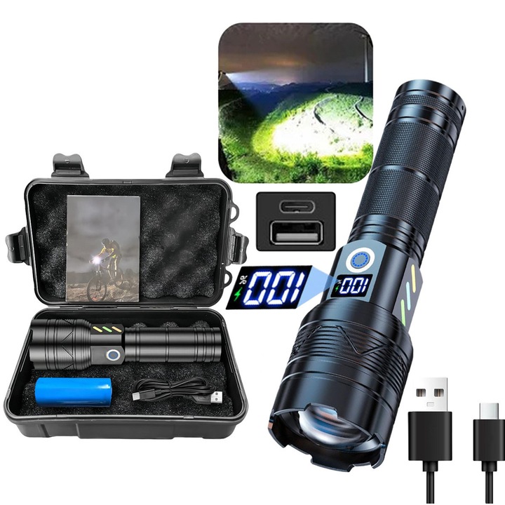 Професионален тактически LED презареждаем фенер, батерия 5000 mAh, 5 режима на осветление, AEWOYAD®, регулируем фокус, USB C, водоустойчив, многофункционален, мощен, ярък, за къмпинг, лов, риболов, туризъм, оцеляване, черен