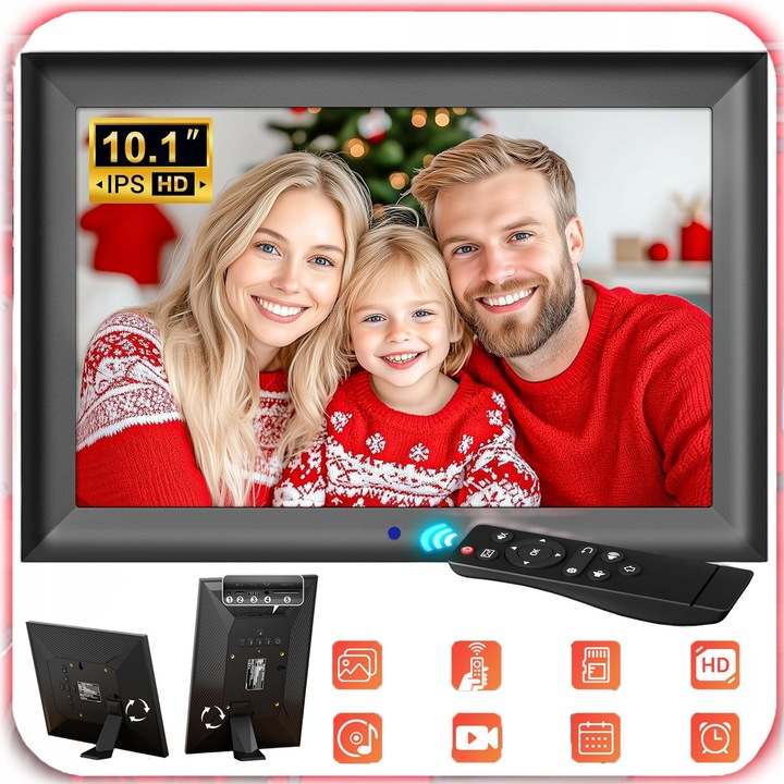 Rama Foto Digitala, Bedee, 10.1 inch LCD, 1280x800 IPS, Album Electronic, Multifunctional, SD Card, Slot USB, Calendar, Ceas de Alarma, Poze/Video, Difuzor, cu Telecomanda, Plug & Play, De Masa/De Perete, Negru