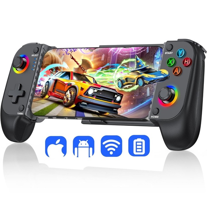 Controler pentru jocuri, AjieQaQ®, controler mobil fara fir Compatibil cu telefoane Android, iOS, PC, PS si Nintendo Switch Conexiune fara fir Bluetooth Lungime reglabila: 135-175 mm Negru