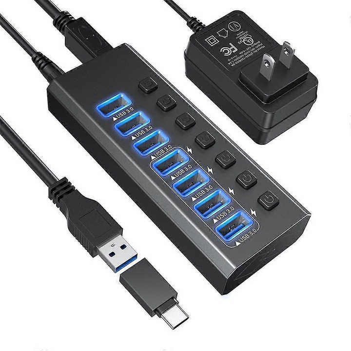 7 portos USB 3.0 hub, fekete, alumíniumötvözet, 1m kábel, 12V/2A tápegység