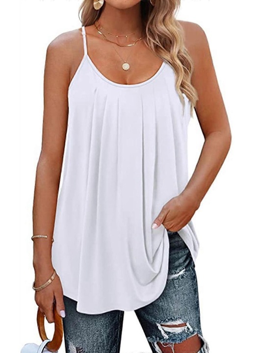 Дамска лятна тениска, памук/полиестер, кръгло деколте, свободна кройка, плисирана, бяла, XL INTL