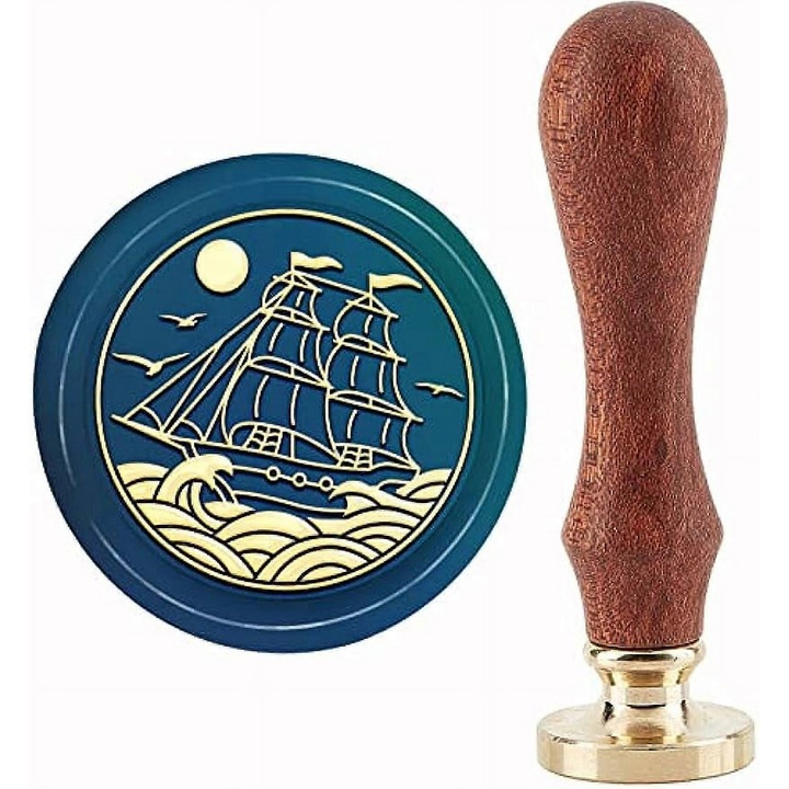 Stampila de Ceara 30mm cu Model Vele si Soare, Cap de Stampila din Alama si Manere din Lemn, pentru Invitatii si Decoratiuni