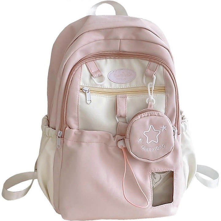 Rucsac dragut, geanta dubla de umar pentru calatorii, rucsac pentru laptop de colegiu, roz, 16 inch, cu pouch detasabil