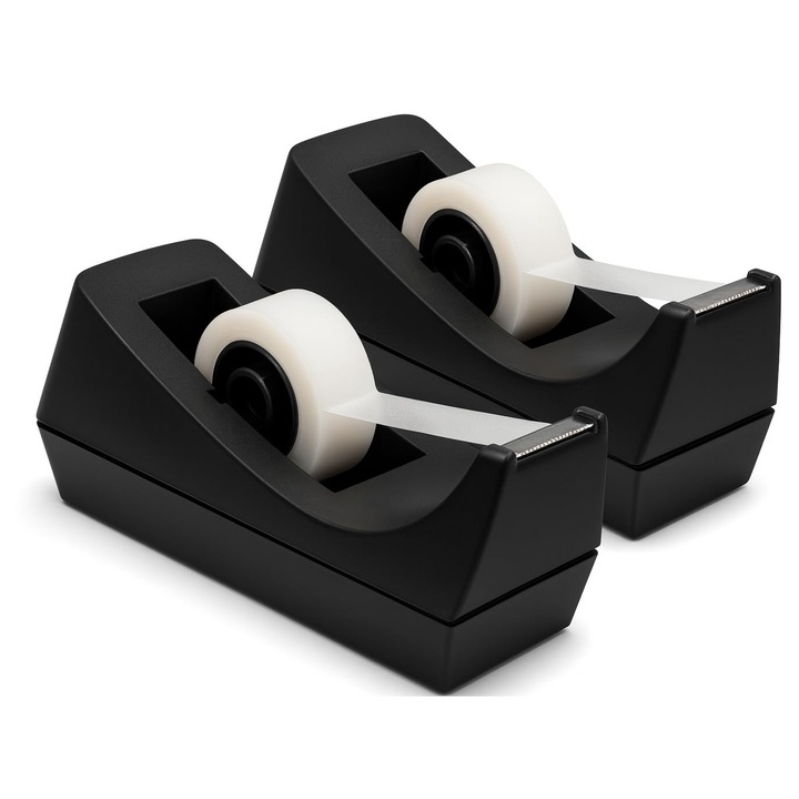 Set de dispensere pentru banda adeziva, 2 bucati, plastic negru, baza grea, pentru benzi de 1/2 inch si 3/4 inch.