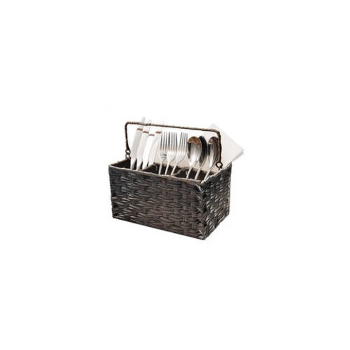 Műanyag evőeszköztartó, rattan design, 4 rekeszes, barna színű, optimális méretek a rendszerezéshez