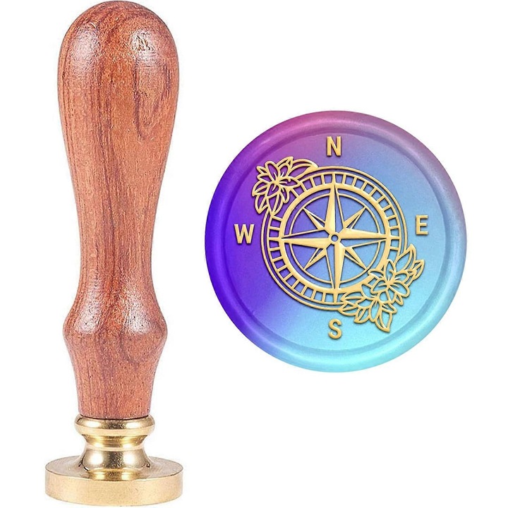 Stampila de ceara cu model busola si flori, 30mm, cap din alama, maner din lemn, set