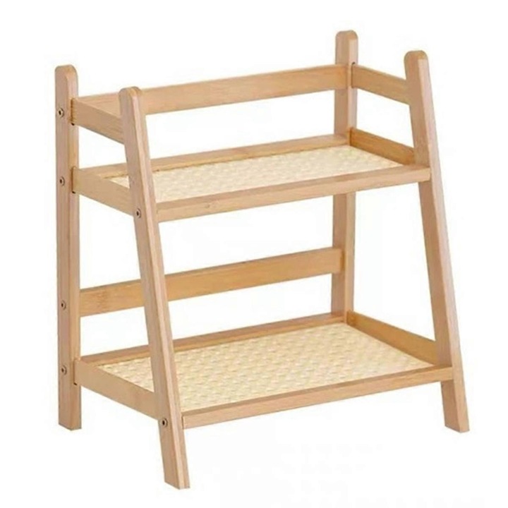 Raft de depozitare din lemn, 2 niveluri, design compact, bambus, pentru birou sau cosmetica
