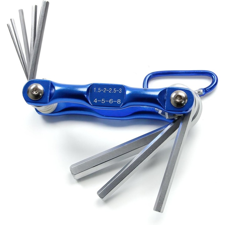 Set de chei Allen pliabile, 8 chei, dimensiuni 1.5x2x2.5x3x4x5x6x8mm, din otel CR-V, cu carabina
