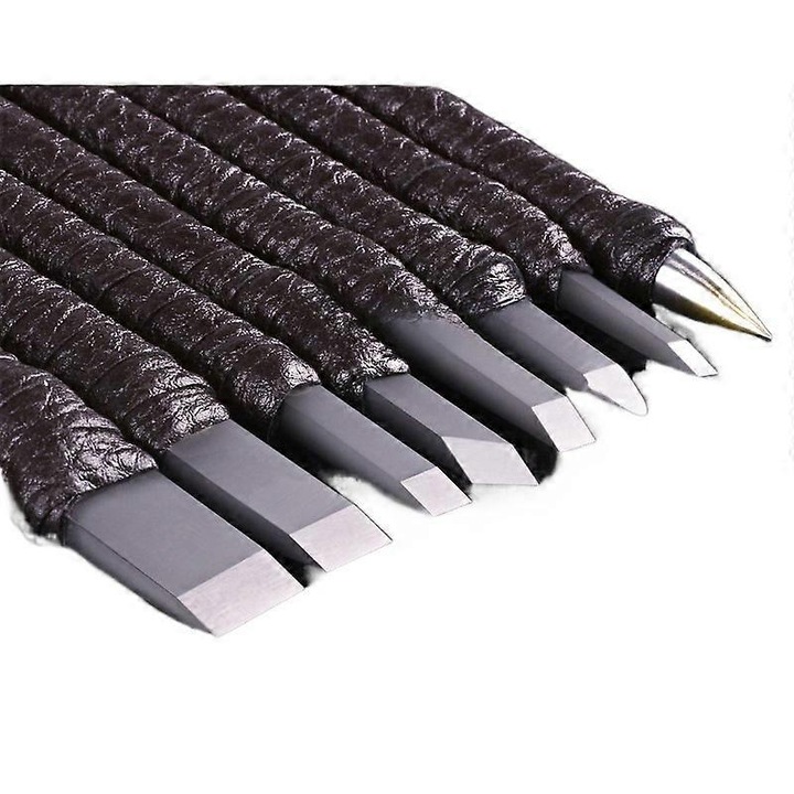 Set unelte de sculptura metalica, 8 piese, otel carbon, diverse tipuri de cutite