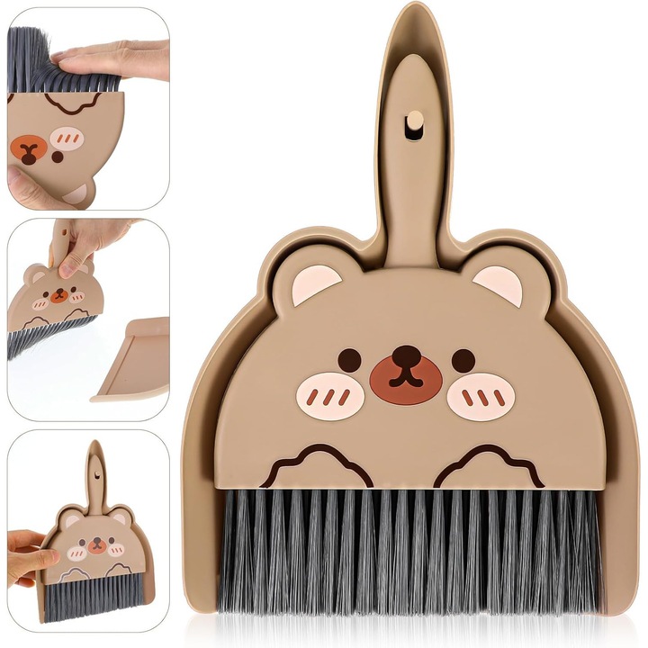 Set mini matura si faras cu design ursulet, pentru curatenie in spatii mici, culoare maro