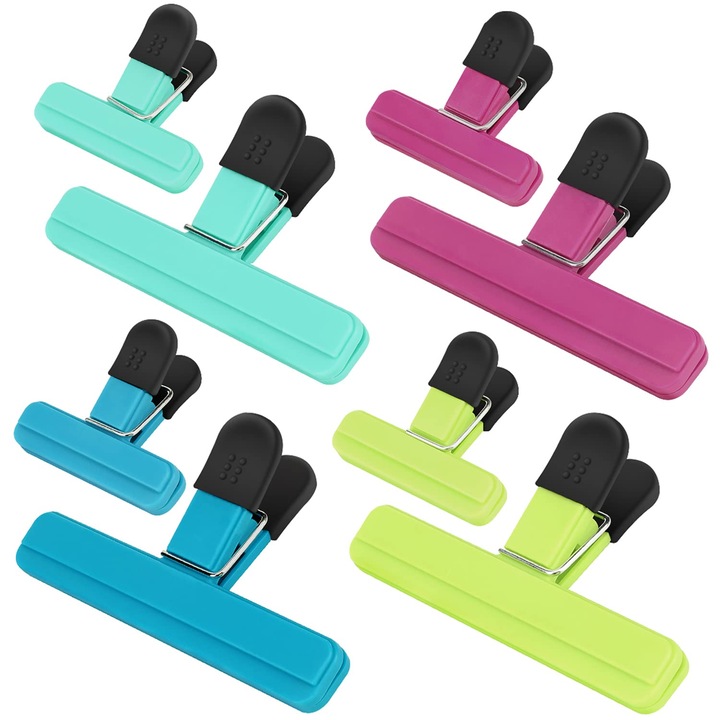 Set de 8 clips pentru pungi alimentare, 4 mari (15x9cm) si 4 mici (7.5x6.4cm), multicolor