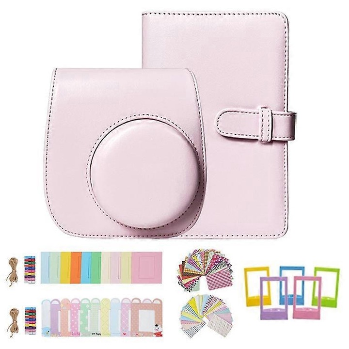 Set accesorii pentru camera instant Fujifilm Instax Mini 12/11/9/8, geanta din piele PU, autocolante, rame de birou, roz
