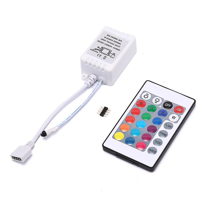 Controler RGB cu telecomanda IR 24 butoane, dimensiuni 8.5x5x0.5cm, pentru benzi LED, DC 12V