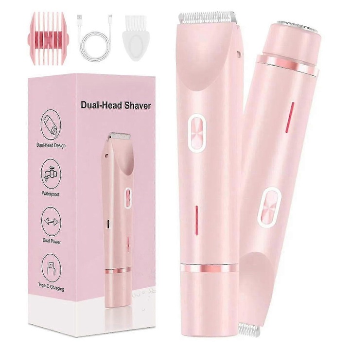 Aparat de tuns, trimmer pentru bikini, 2 in 1, waterproof, incarcare tip C, roz