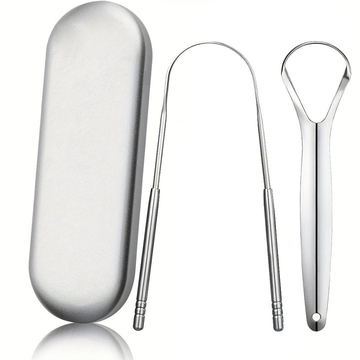 Set 2 Periute de Dinti Clasice din Inox, Curatator de Limba, Culoare Argintie